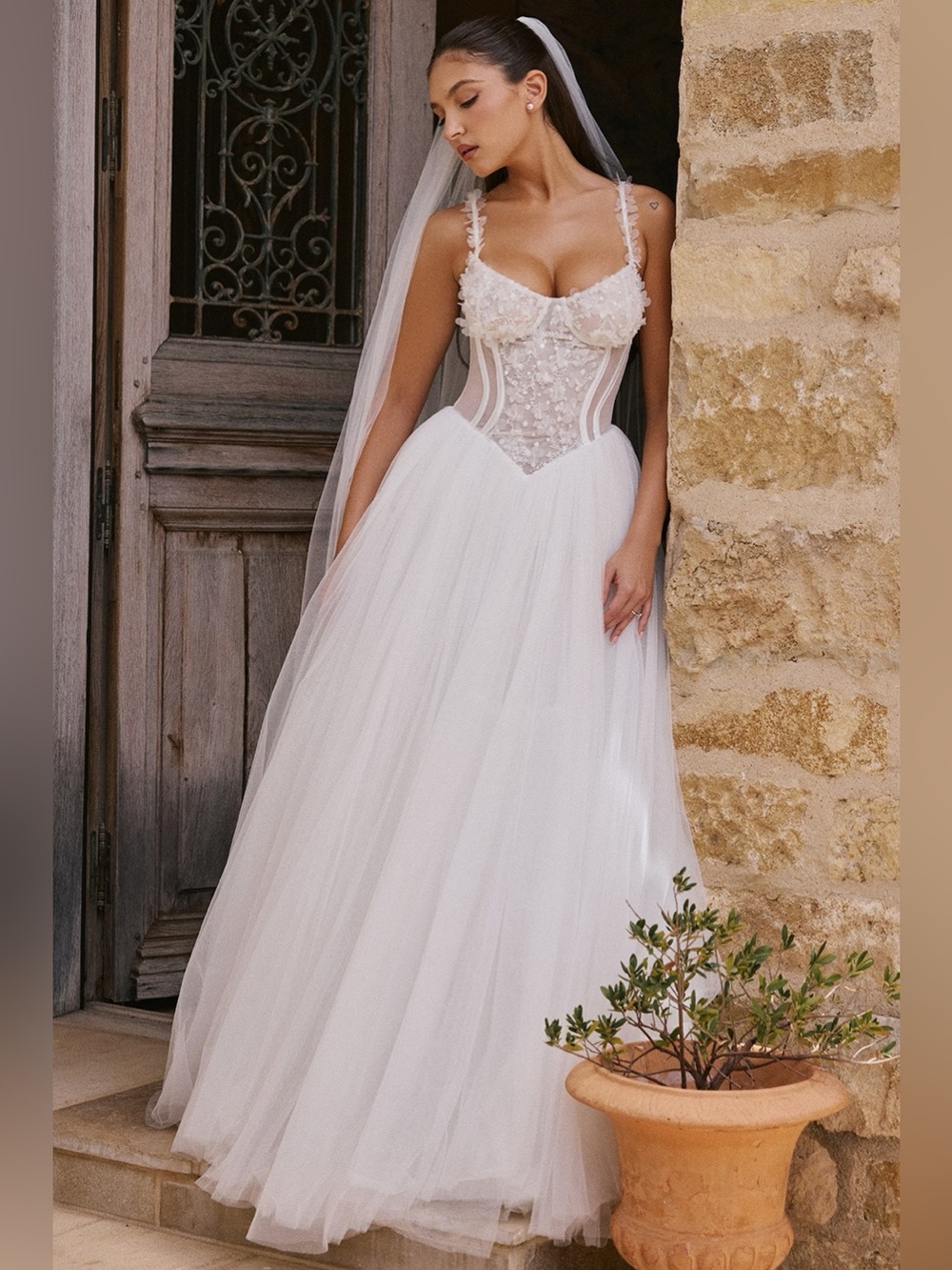 HOUSE OF CB 'Nathalie' White Floral Lace Tulle Bridal Gown NWOT